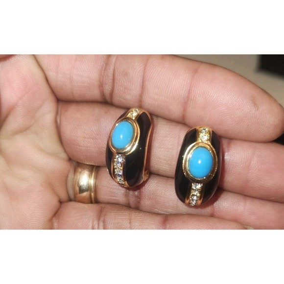 Vintage Signed CHRISTIAN‎ DIOR Black Enamel Turquoise Rhinestone Clip Earrings